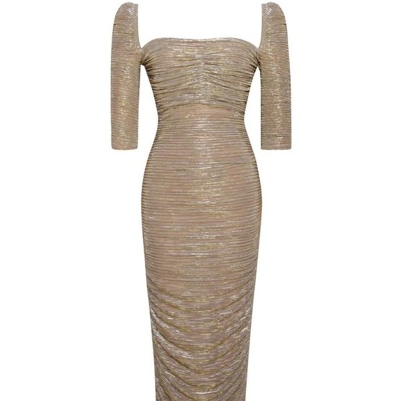 Callie Lives Xena Ruched Gold Stretch Chiffon Sweetheart Split Maxi TUBE Dress L - Picture 11 of 11